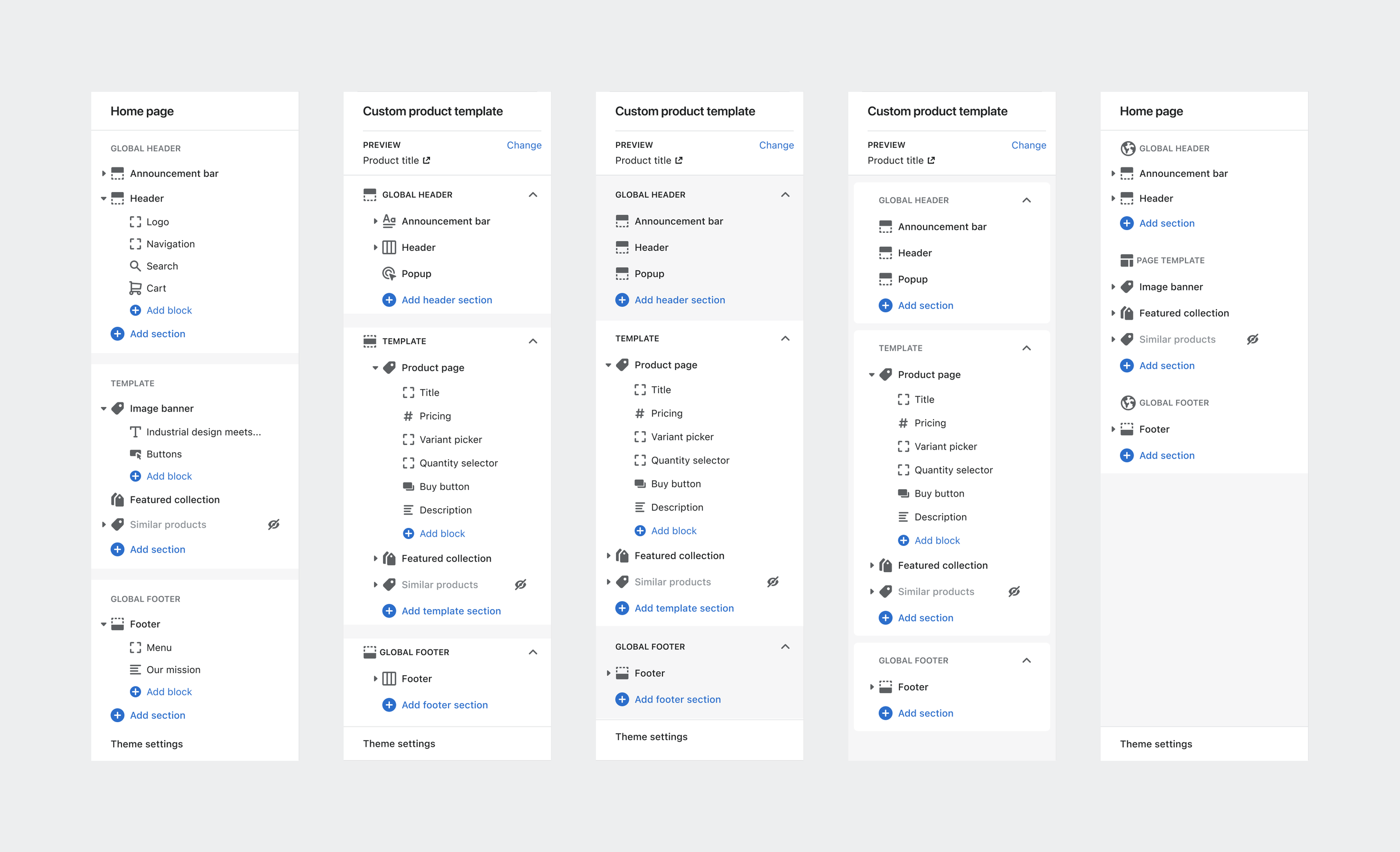 Visual explorations of header and footer section group treatments in the Online Store editor