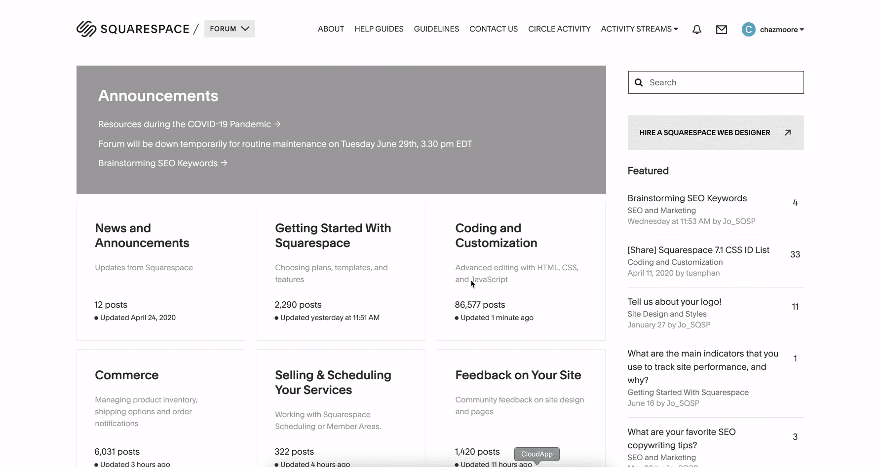 Animated demo of switching between the public Squarespace Forum and the private Circle Forum