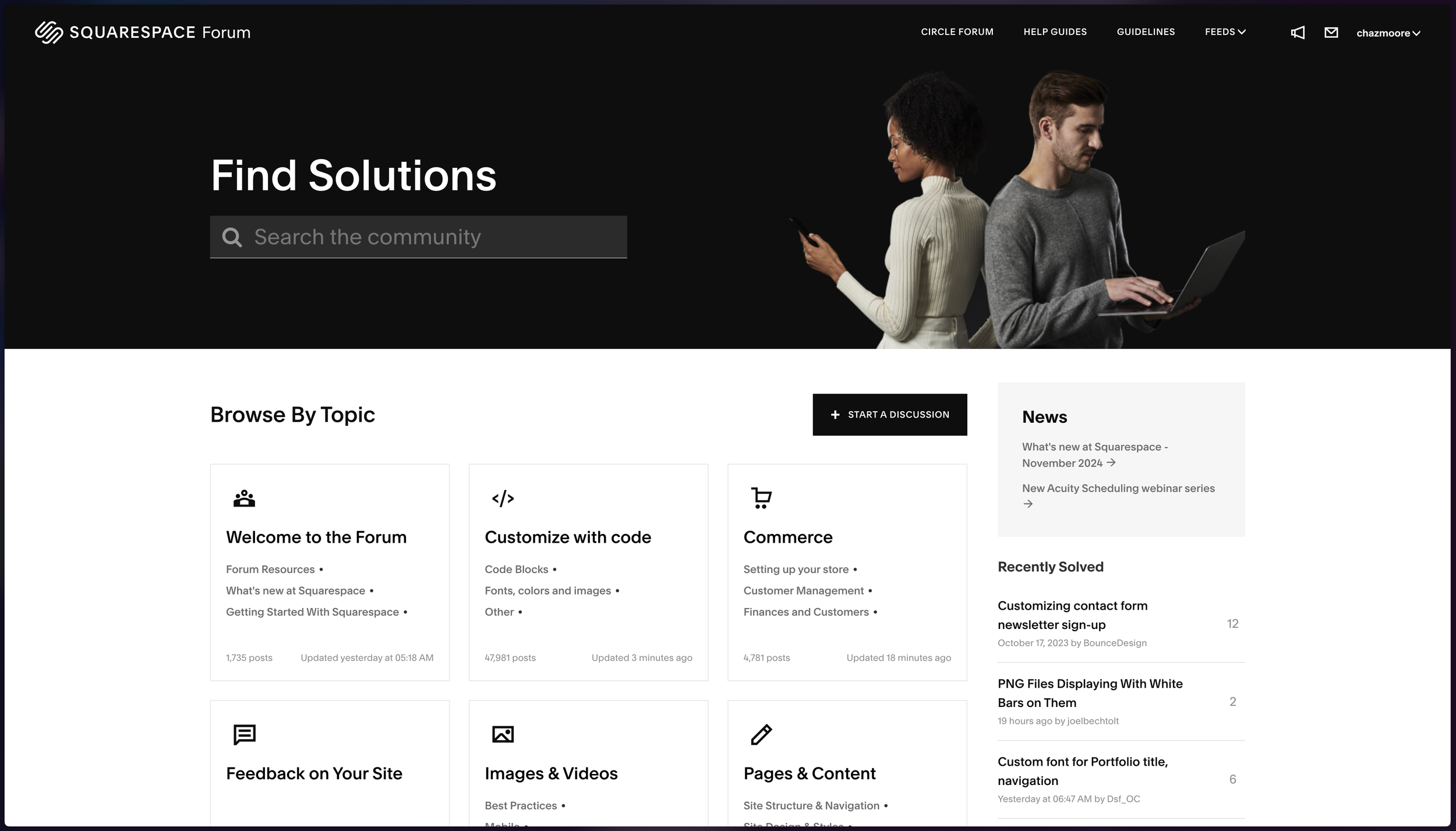 Live Squarespace Forum captured in December 2024 showing active categories and recent posts