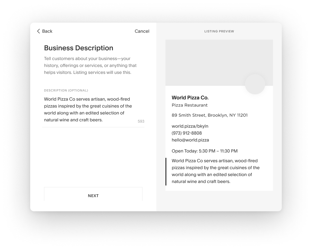 Wizard business description step with a short summary of the business filled in