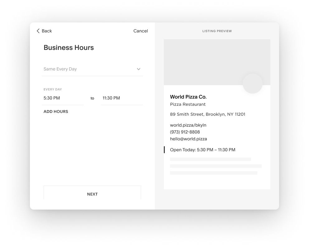 Wizard business hours step with operating hours entered for each day