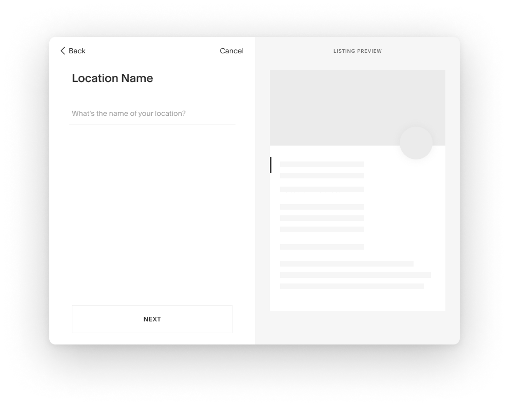 Wizard step prompting the business owner to enter their business name