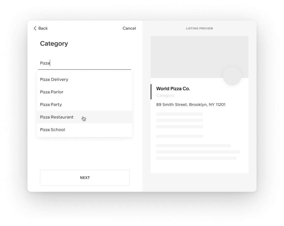 Wizard primary category step with search results for matching business types