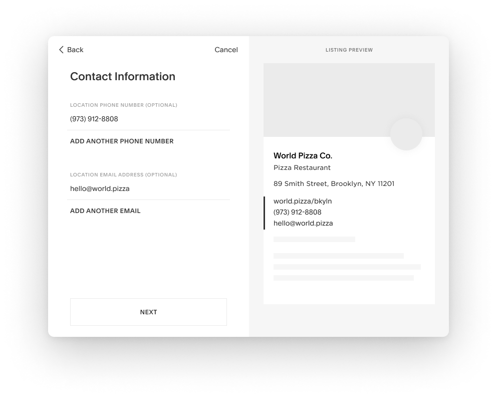 Wizard contact info step with phone number and email fields filled in
