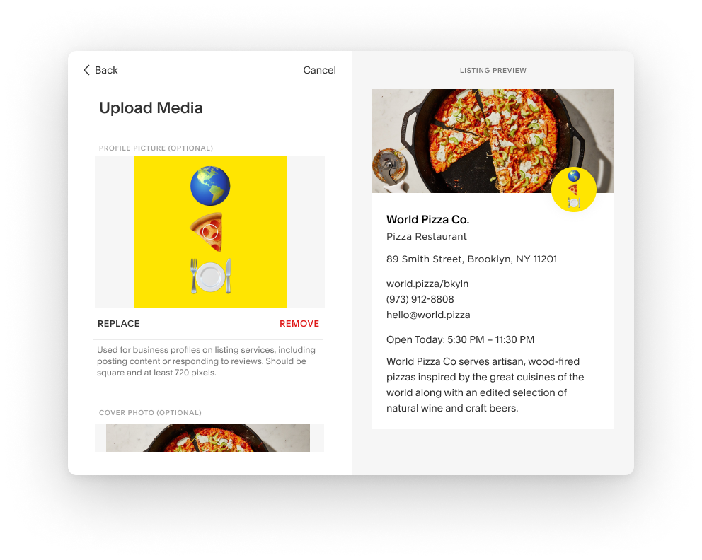 Wizard media step displaying uploaded photos representing the business