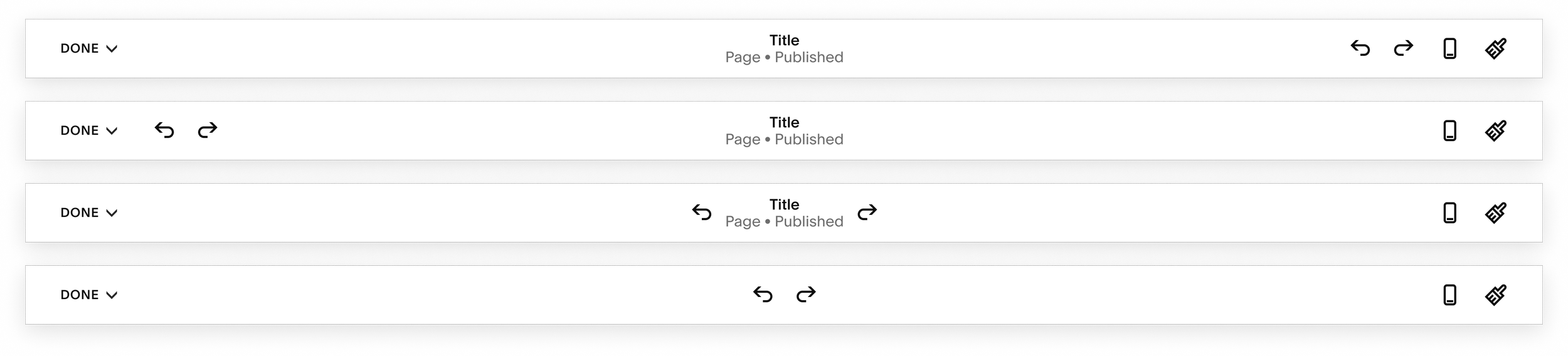 Placement explorations diagramming candidate positions for the undo and redo controls in the editor