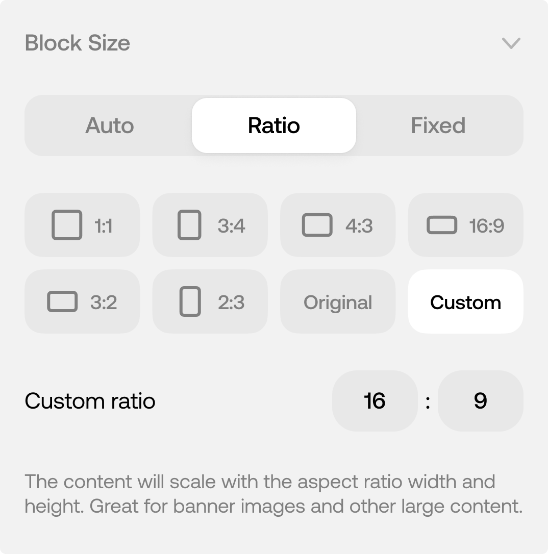 Block size setting — aspect ratio and fixed-height options