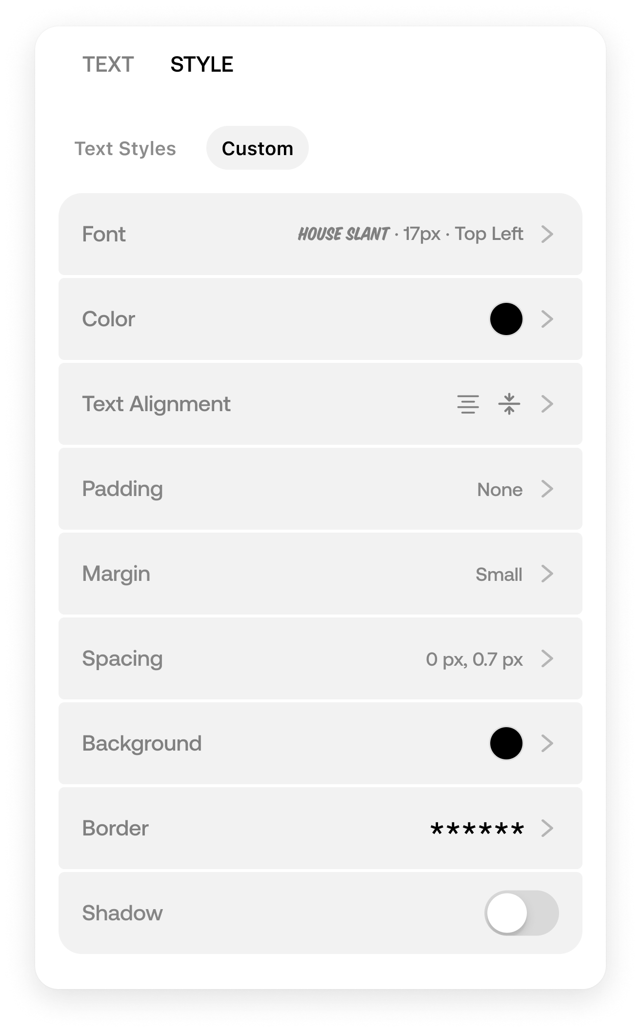 Web text block editor — Style tab and color picker