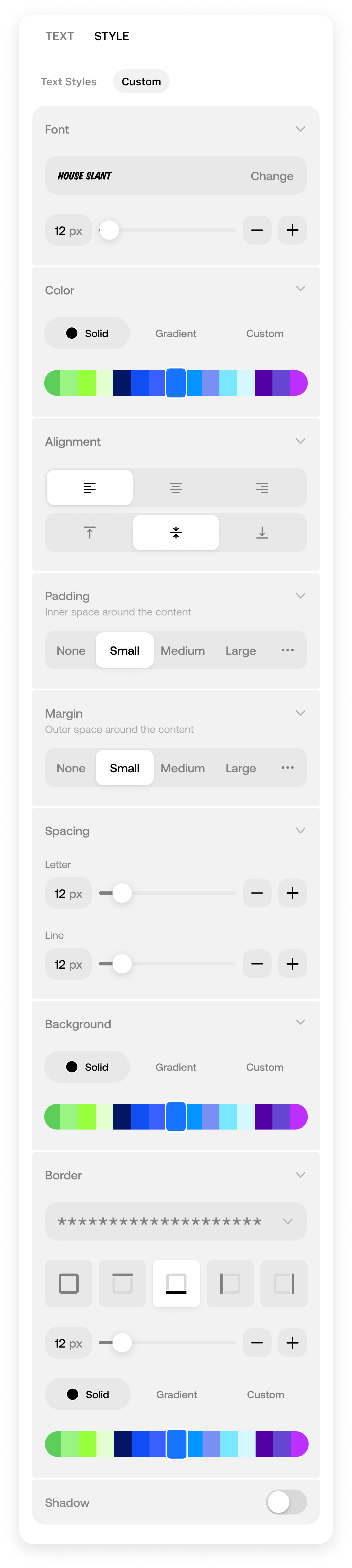Web text block editor — Style tab and color picker