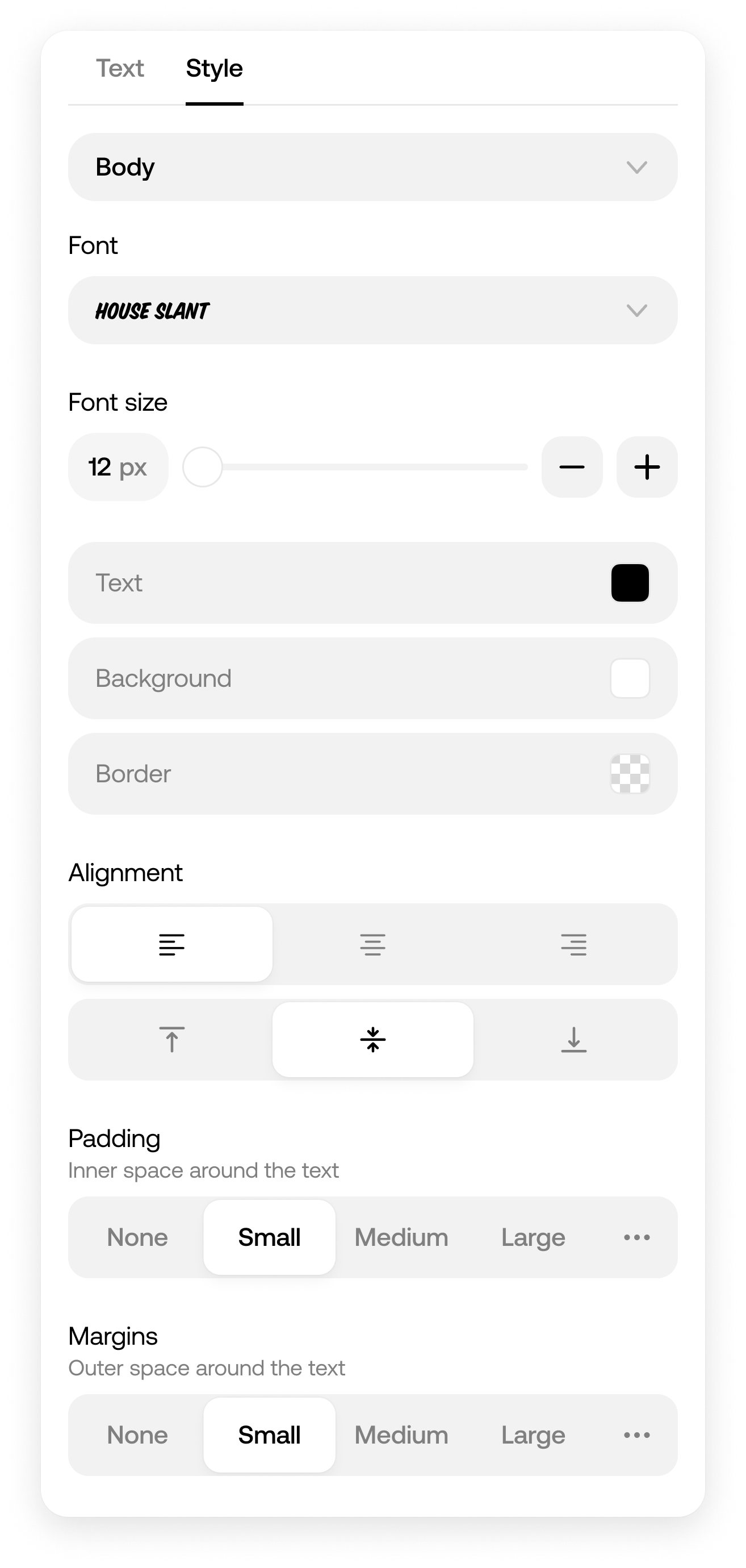 Text block editor — Style tab with text formatting controls